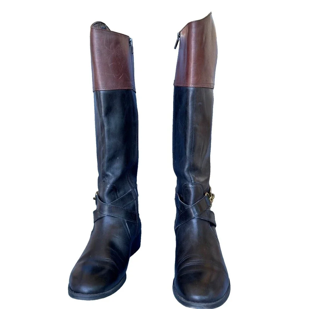 Lauren Ralph Lauren Menna W Leather Wide Calf Riding Boots Black Brown 7.5B